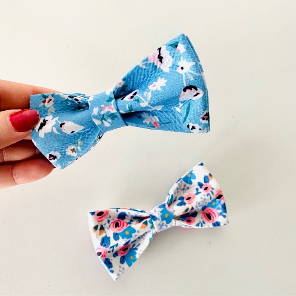 2 NEW HANDMADE Light Blue Pink Blush Floral Dog Cat Pet Collar Elastic Bow Tie
